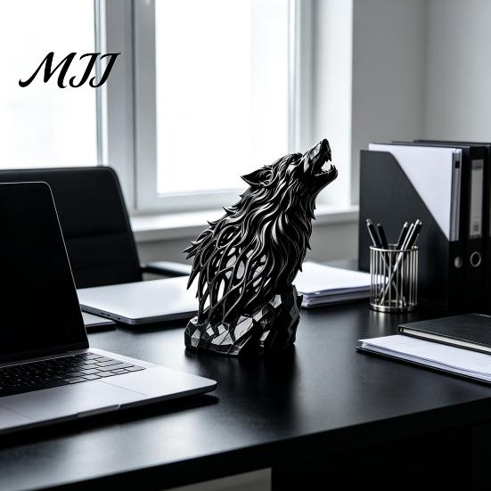Hollow Animal Statues Howl Wolf Sculpture, Gothic Wildlife Home Decor, Howling Statue Figurine Minimalist Sculpture for Office with Rock Base, Rustic