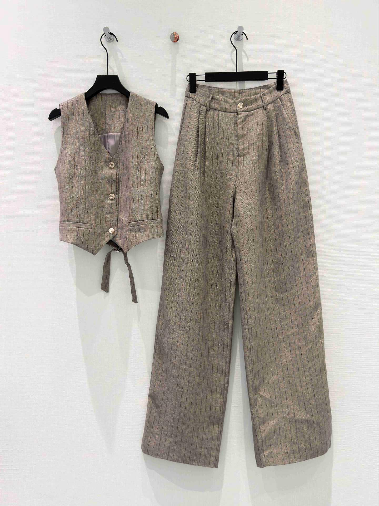 Gold Thread Linen Tencel Women s High Waist Wide-Leg Summer Fashion Suit: Vest Top Slimming Trousers Medium серый