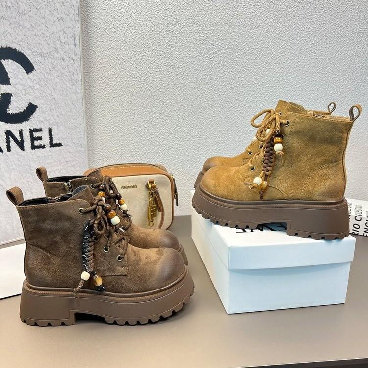 [Fanfna] Platform Martin Boots Women's 2025 Autumn and Winter Fashion Maillard Skinny Short Boots Lace-Up Rhubarb Boots