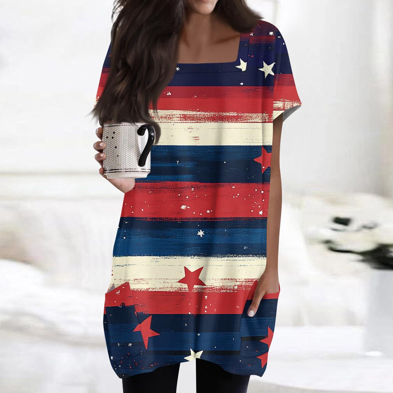 

Женские топы с квадратным воротником, короткие рукава, блузки, повседневные рубашки средней длины, модные туники с принтом и карманами XL тёмно-синий