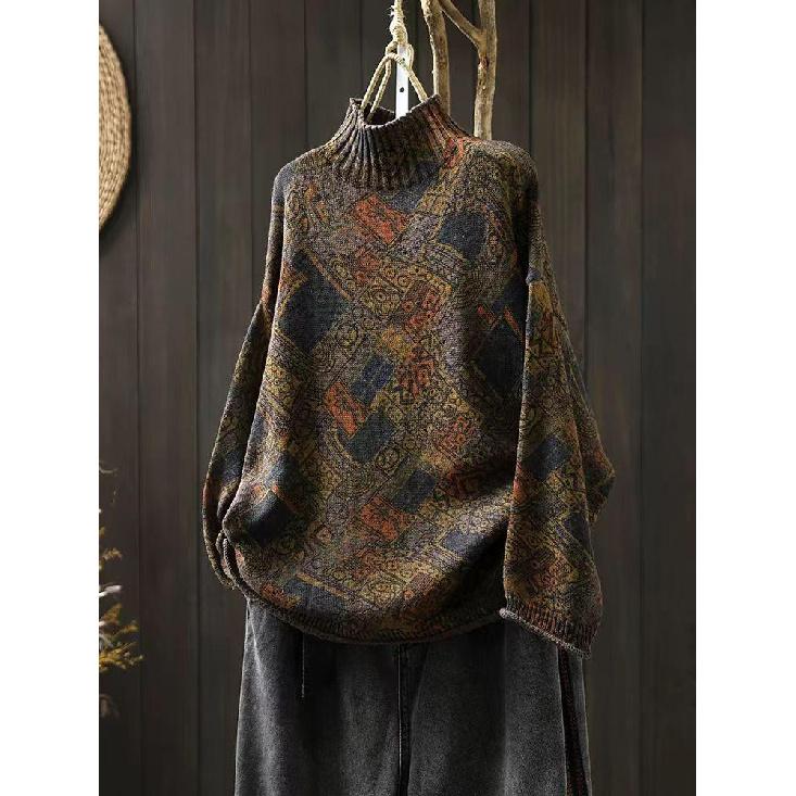 Johnature Niche Print Mock Neck Long Sleeves Vintage Sweater Woman Winter Loose Retro Personality Sweater