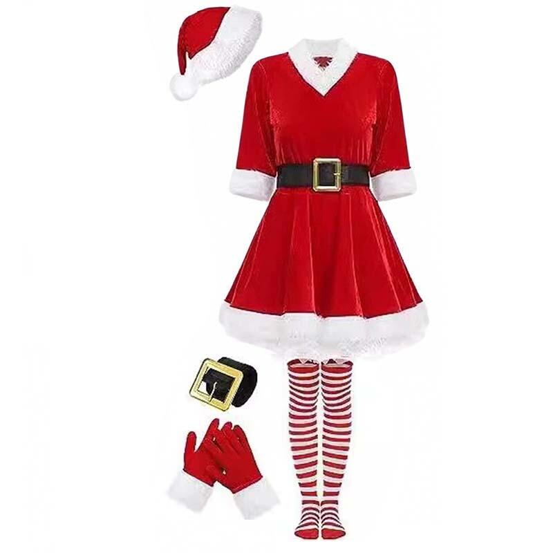 5 Stück Nikolaus Kostüm Für Damen Clause Nikolaus Kleid Weihnachts Outfits Kleider Hut Handschuhe Gürtel Strümpfe Für Weihnachten Jahr