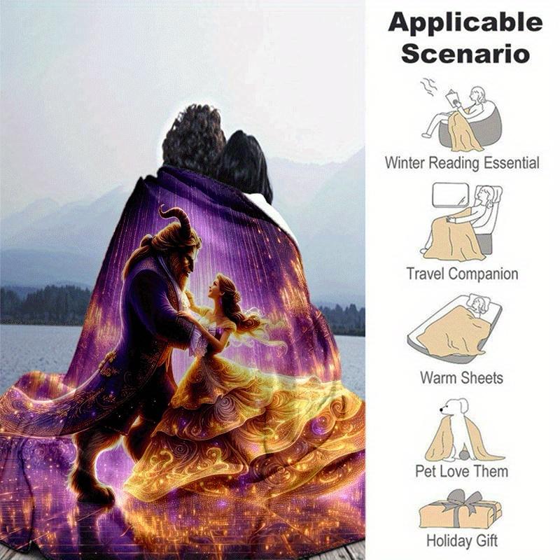 1pc Beauty and The Beast Printing Blanket - Soft, All-Season Throw for Office Blanket, Personalized Gift with Adorable Cartoon Design