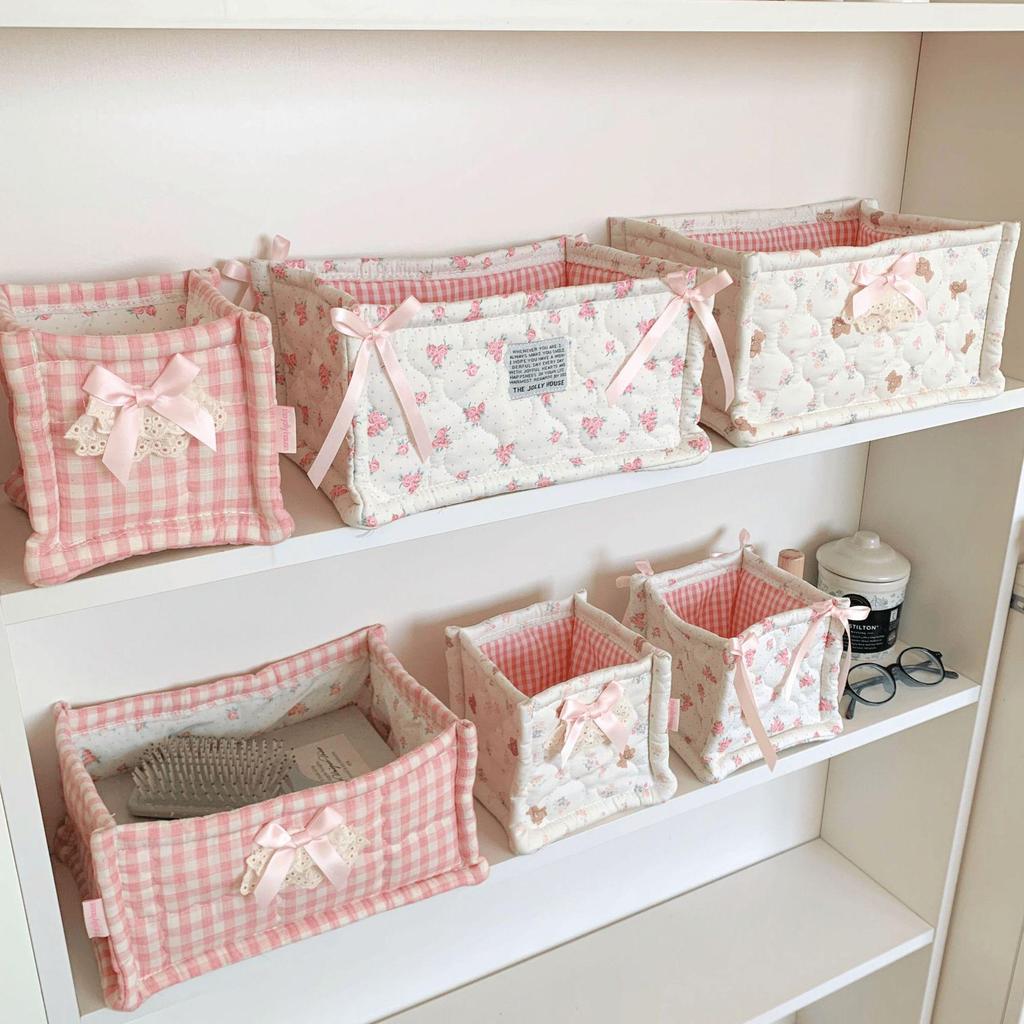 Korean Pink Plaid Quilted Storage Basket - Aesthetic Living Room & Bedside Organizer