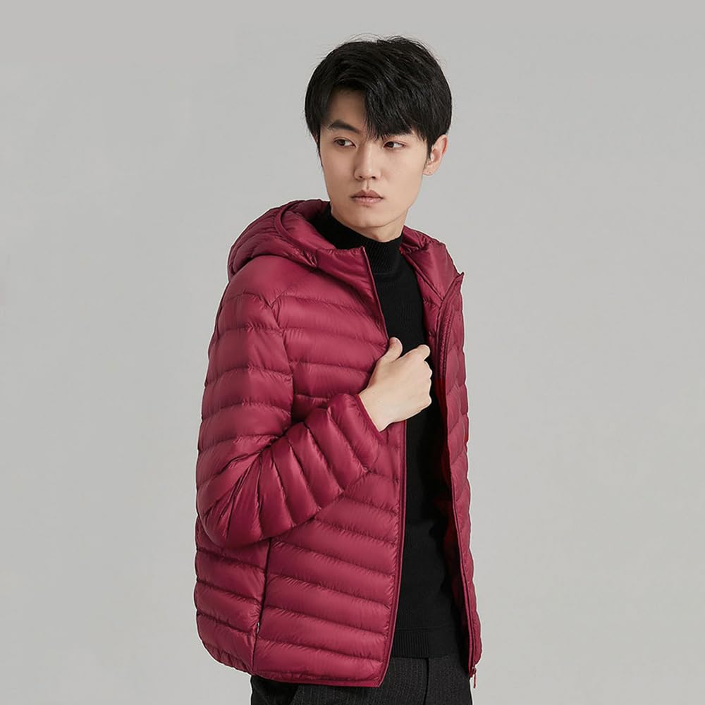 CLAZOLIY Daunenjacke mit Kapuze, Ultraleichte Daunenjacke, Leicht, Einfarbig, Warm, Kälteschutz, Aufbewahrungstasche Inklusive, CL138, Herren, Herbst/Winter (XL, Rot)