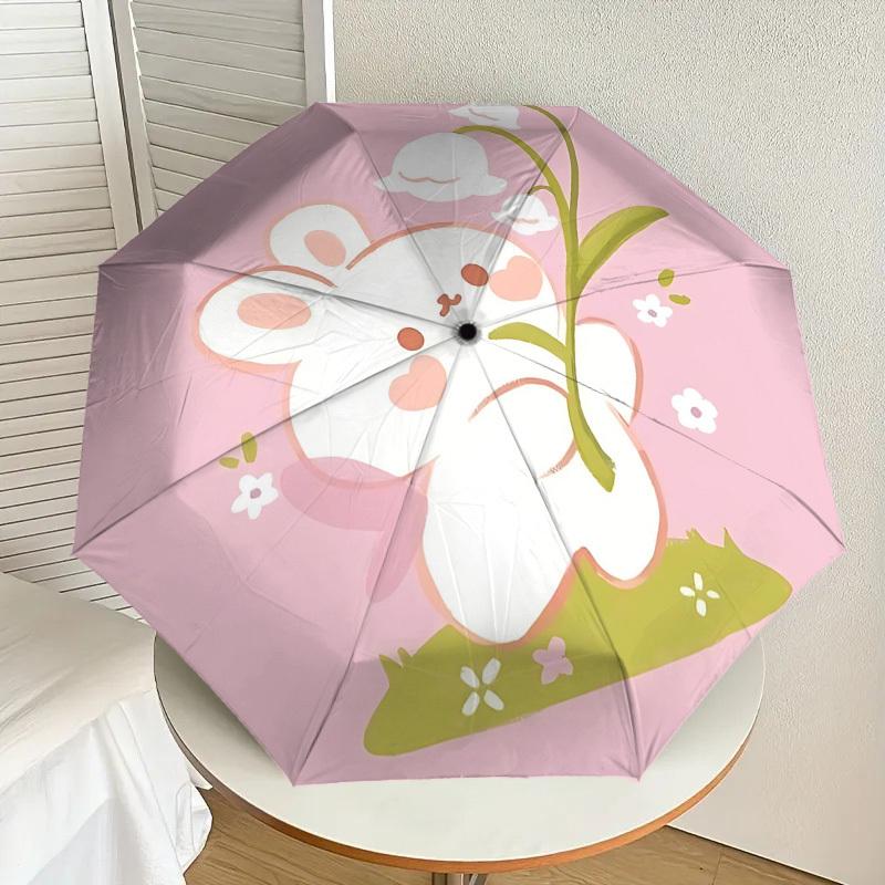 1 Adet Tavşan Çiçekli Otomatik Katlanır Şemsiye 8 Kemerli Demir Çerçeve, Seyahat, Günlük Kullanım, Doğum Günü, Kadın ve Erkek Hediyesi için Uygundur c1231045