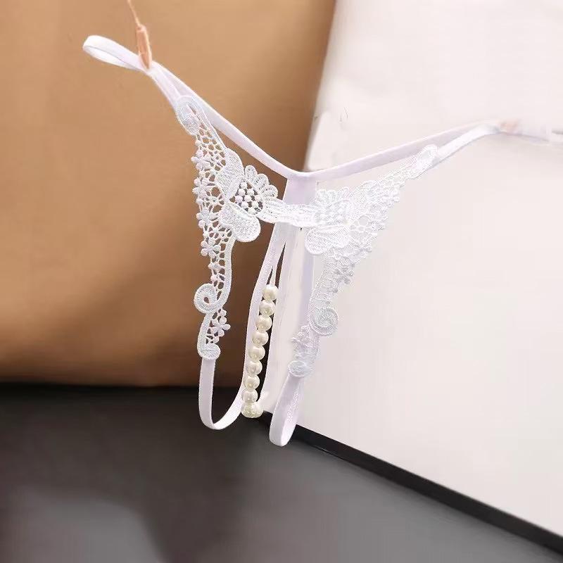 Pearl Massage Open Crotch Thong: Transparent Embroidery Low Waist T-Pant Lingerie