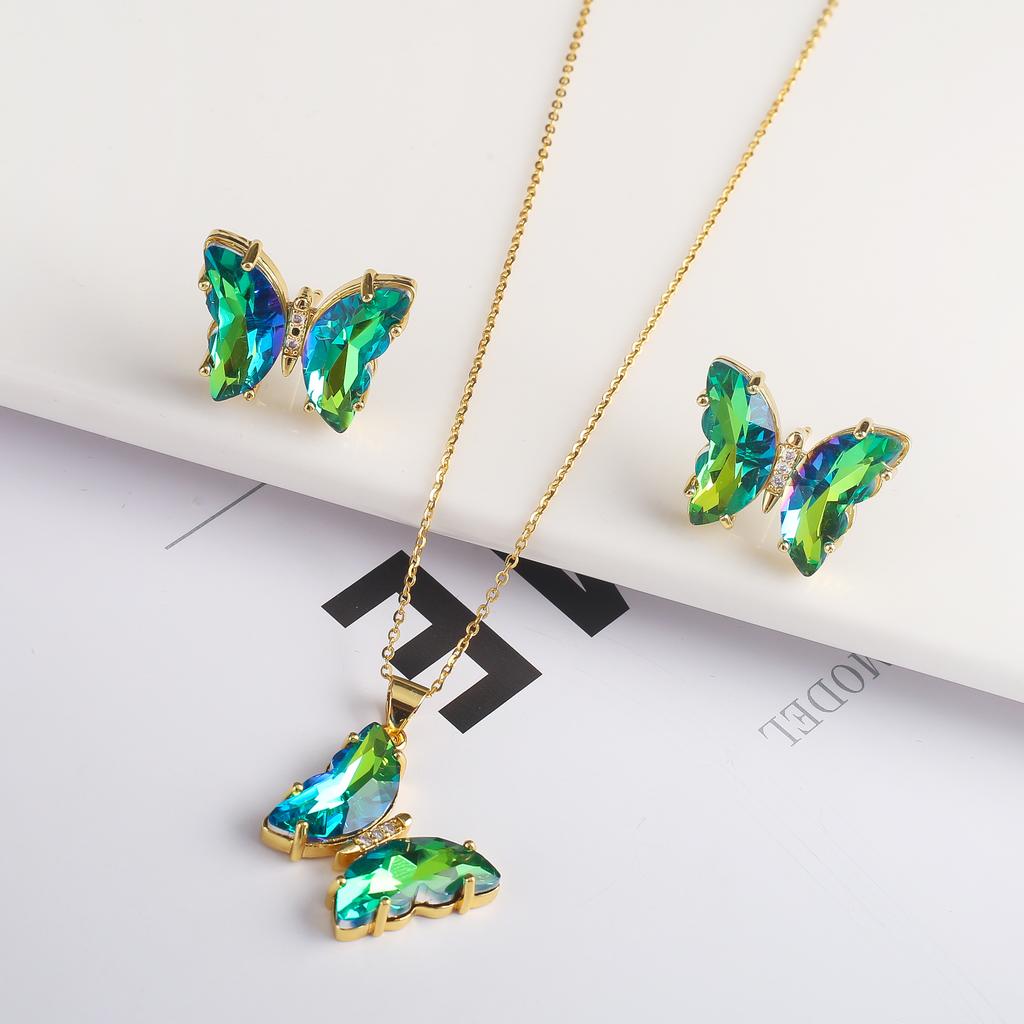 2PC Crystal Transparent Butterfly Pendant Necklace Earrings Jewelry Set Women's Luxury Gold Plated High Quality Gift