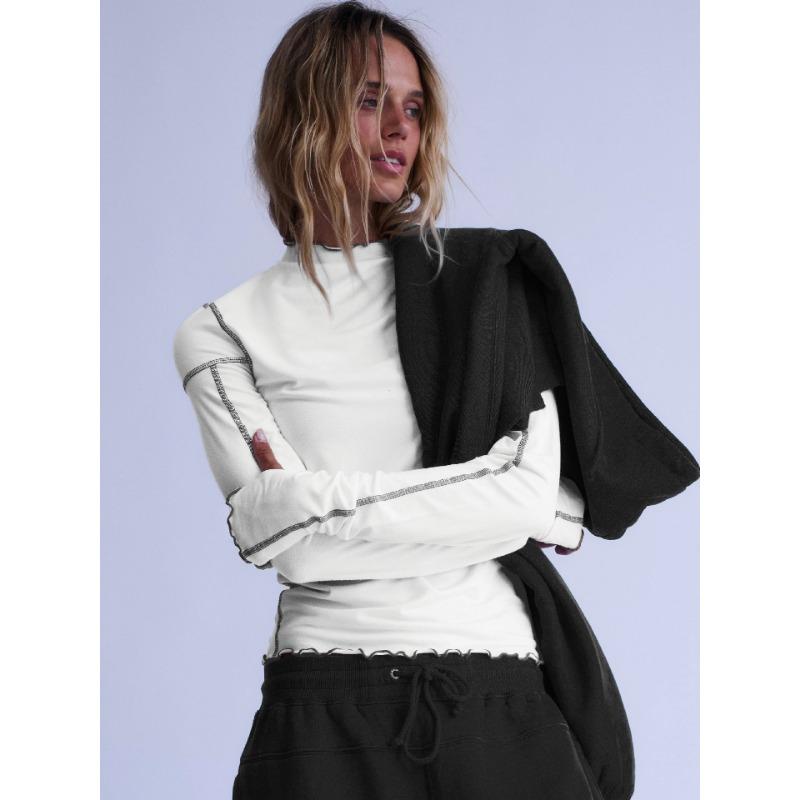 Women S Color Block Long Sleeve T Shirt Ruffled Mock Neck Slim Fit Top
