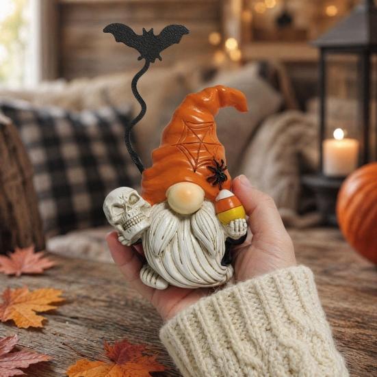 Halloween Gnome Figurine, Small Resin Dwarf Table Decoration, Spooky Pumpkin Bat Skull Gnome Statue for Tiered Tray, Tabletop, Home Decor