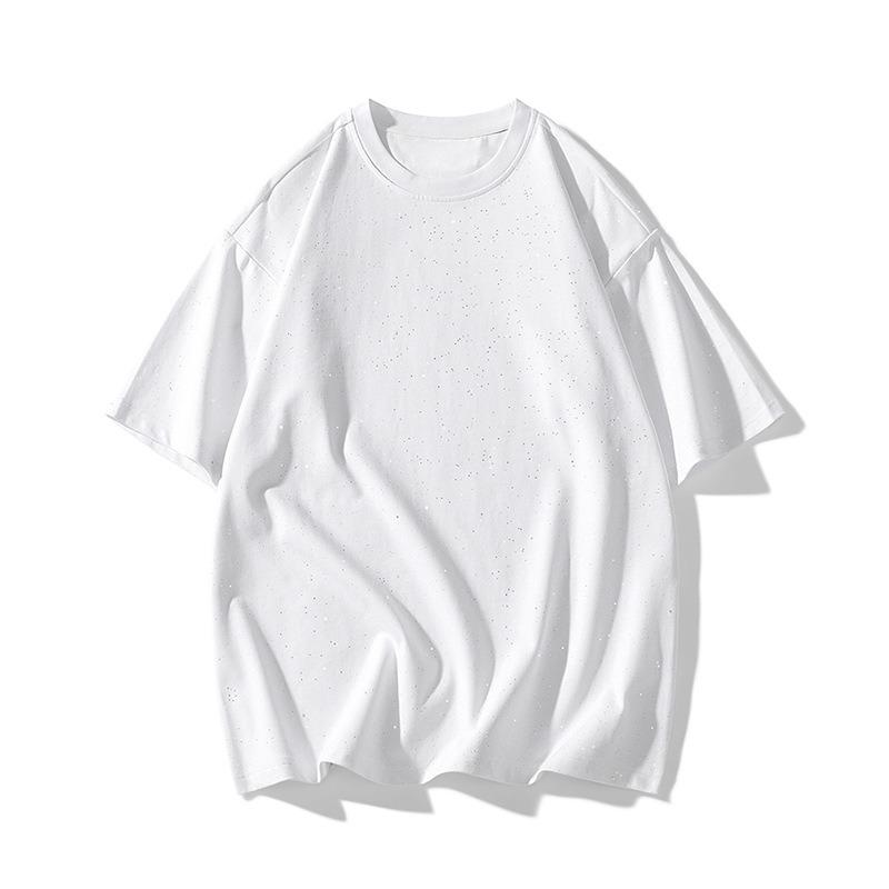 Gładki T-shirt z krótkim rękawem z czystej bawełny z okrągłym dekoltem, luźny, błyszczący, czarno-biały, cekinowy