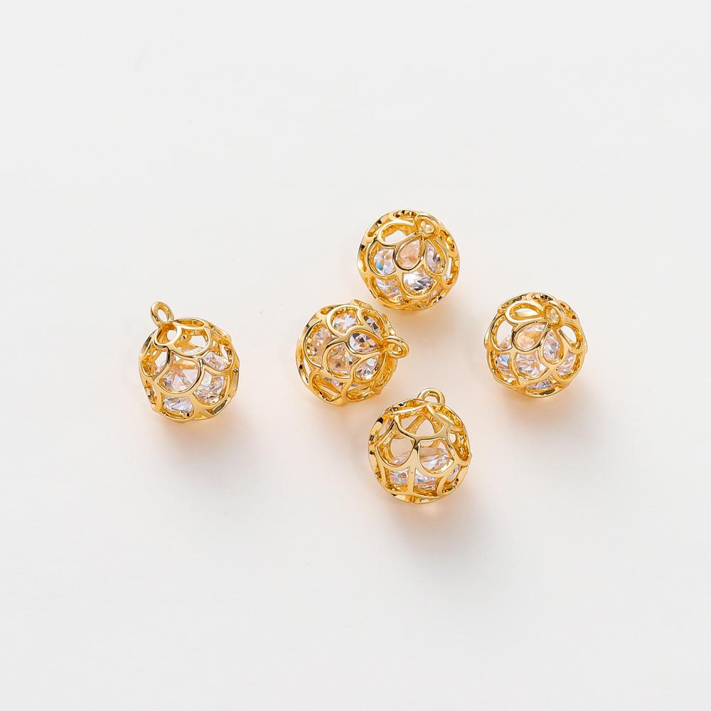 

14k 18k Gold Plated Copper Metal Hollow Zircon Round Ball Pendant For Jewelry Making DIY Earrings Necklace Components 2 pieces