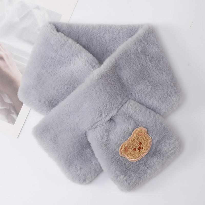 Cute Bear Baby Scarf Boys Girls Winter Warm Scarves Imitation Rabbit Fur Neck Protector Soft Plush Cross Scarf Kids Accessories