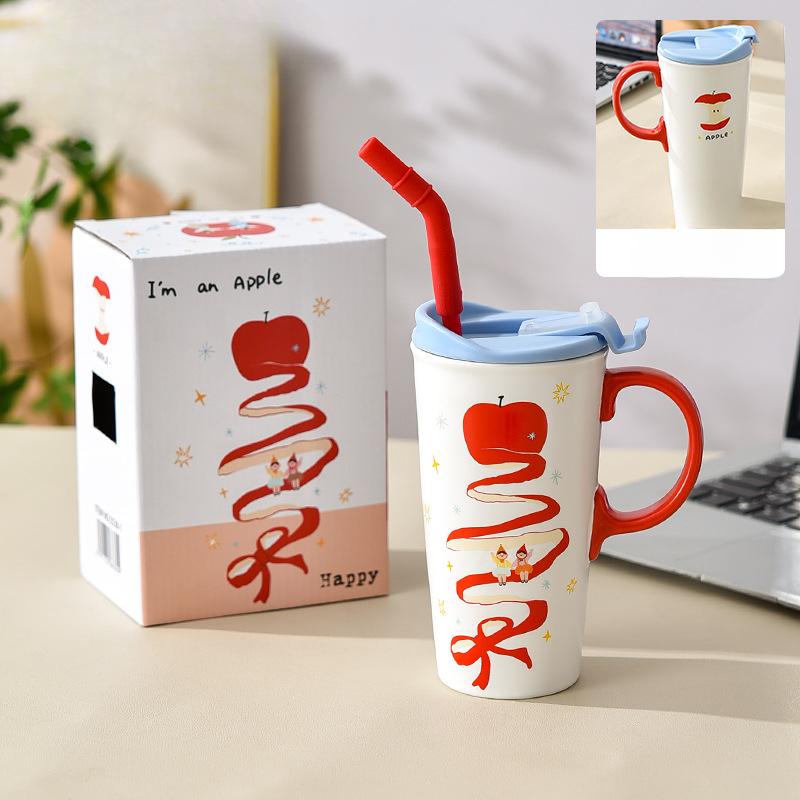 Cute Red Apple Tall Mug Ceramic Cup with Lid Girl Couple Milk Tea Cold Drink Straw Cup