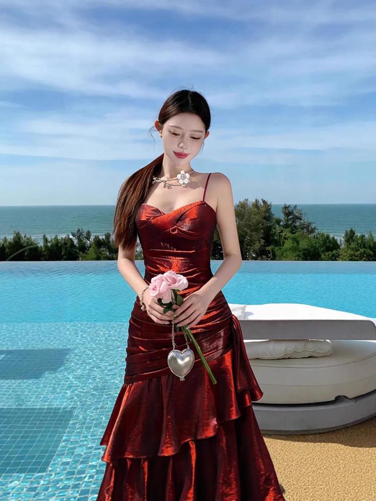 Sanya French Seaside Spaghetti Strap Ruffled Vacation Dress