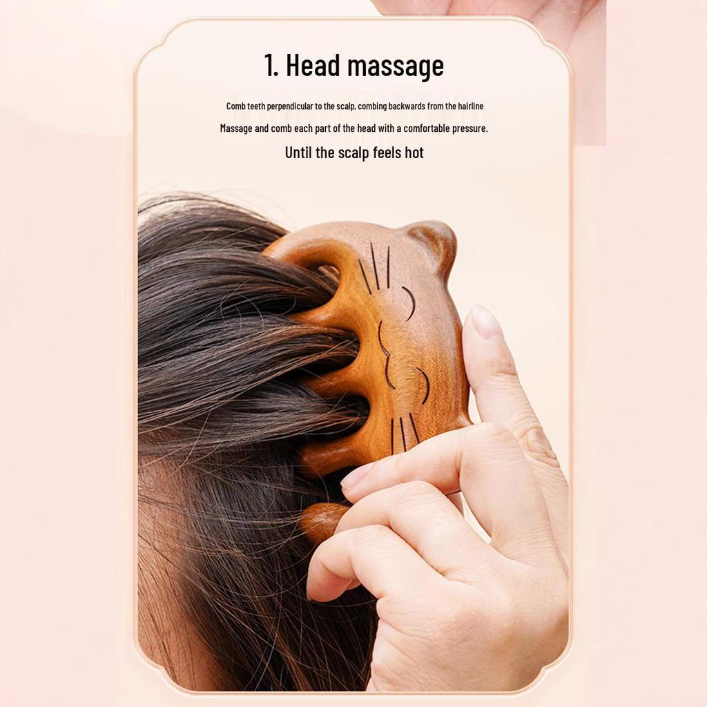 Green Sandalwood Cat Head Meridian Massage Comb - Five-Finger Round Design