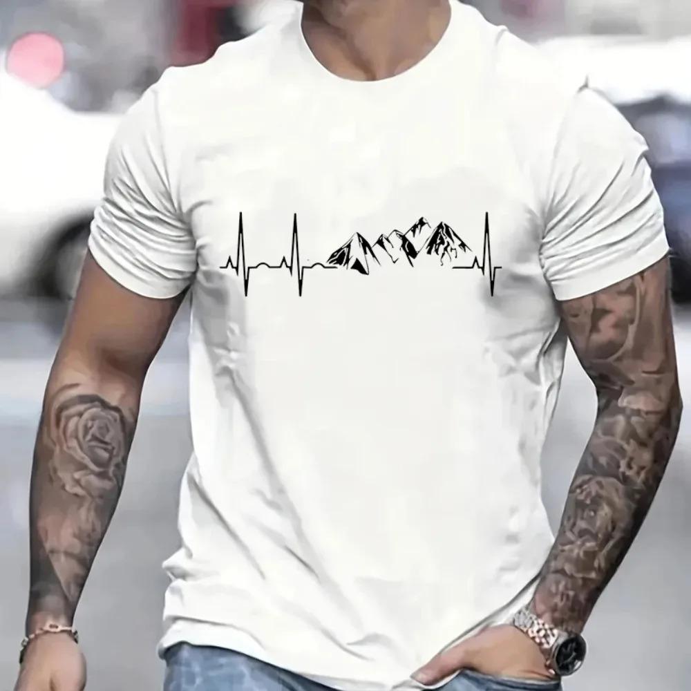 Men's Clothing Novelty Mountain Heartbeat Pulse Line T Shirt Climbing Hiking Graphic Tees Short Sleeve Father's Day T-shirt Men