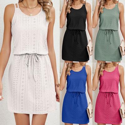 Women's Drawstring Waist Mini Dress Solid Color Hollow O-neck Sleeveless Leisure Beach Holiday Sling Dress Summer Sundress