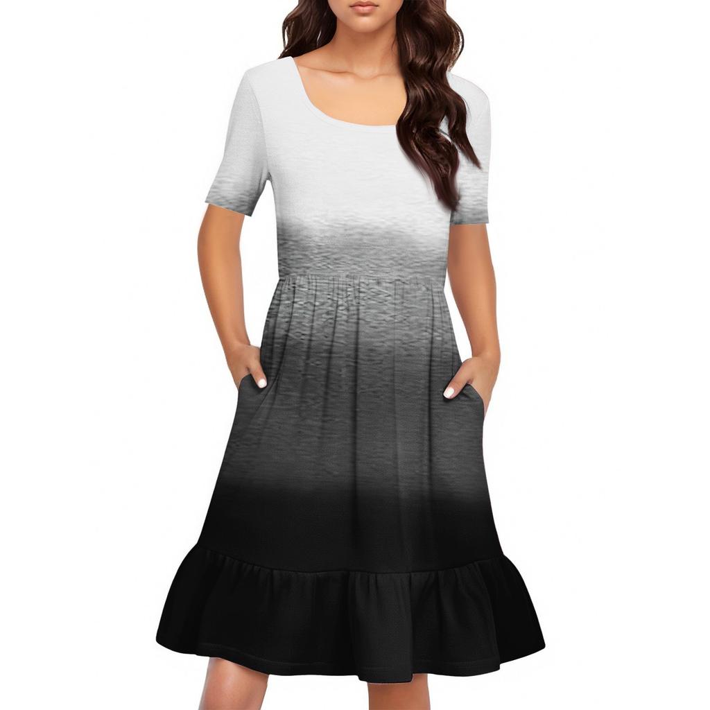 Dámské ležérní šaty s kulatým výstřihem a krátkým rukávem, volný pas, plisované šaty, plisované šaty v pase