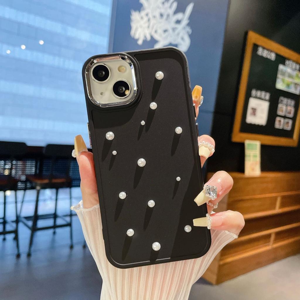 Suitable for Apple 14PROMAX Metal Photo Frame Pearl Solid Color Fashion Phone Case IPhone16 15 Mobile Phone