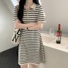 Dress women's striped polo collar ice silk knitted T-shirt summer loose and thin casual temperament age-reducing short skirt