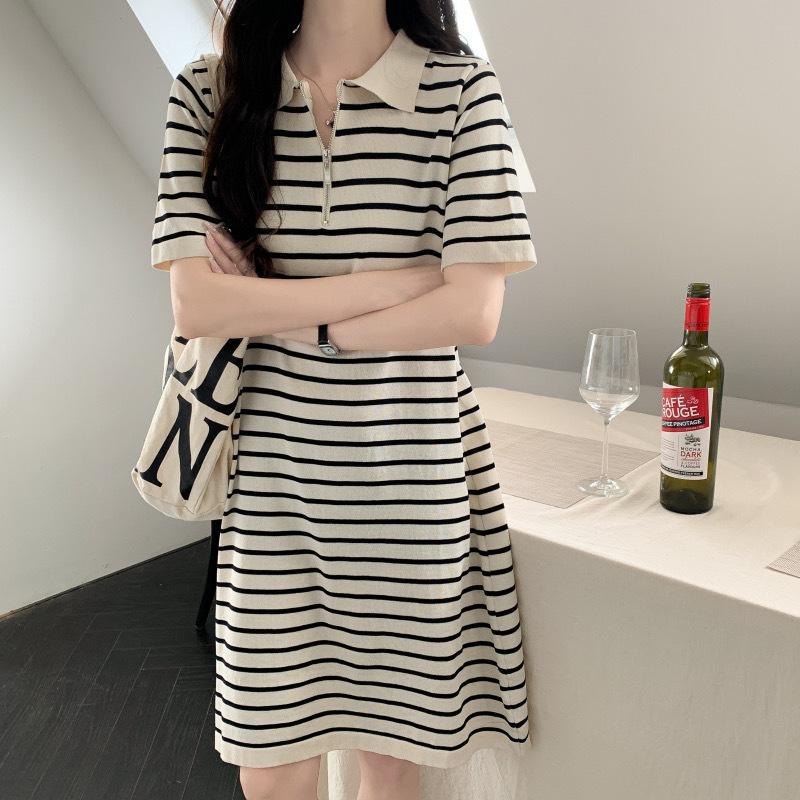 Dress women's striped polo collar ice silk knitted T-shirt summer loose and thin casual temperament age-reducing short skirt