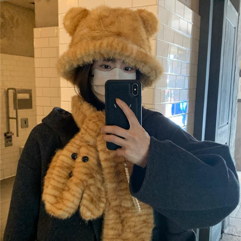 Cute Bear Ears Plush Fisherman Hat Women's Neck Protector To Prevent Cold and Warm Cartoon Neck Scarf
