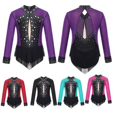 Girls Sparkly Rhinestones Leotard Color Block Sheer Mesh Patchwork Skirted Bodysuit Dance Figure Skating Gymnastics Leotard Dress