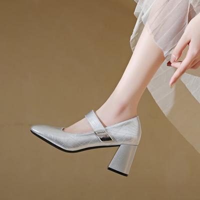 Damen High Heels Mary Janes Schuhe Frühling Sommer Sandalen Mode 2024 Neue Klobige Walking Pumps Casual Retro Kleid Lederschuhe