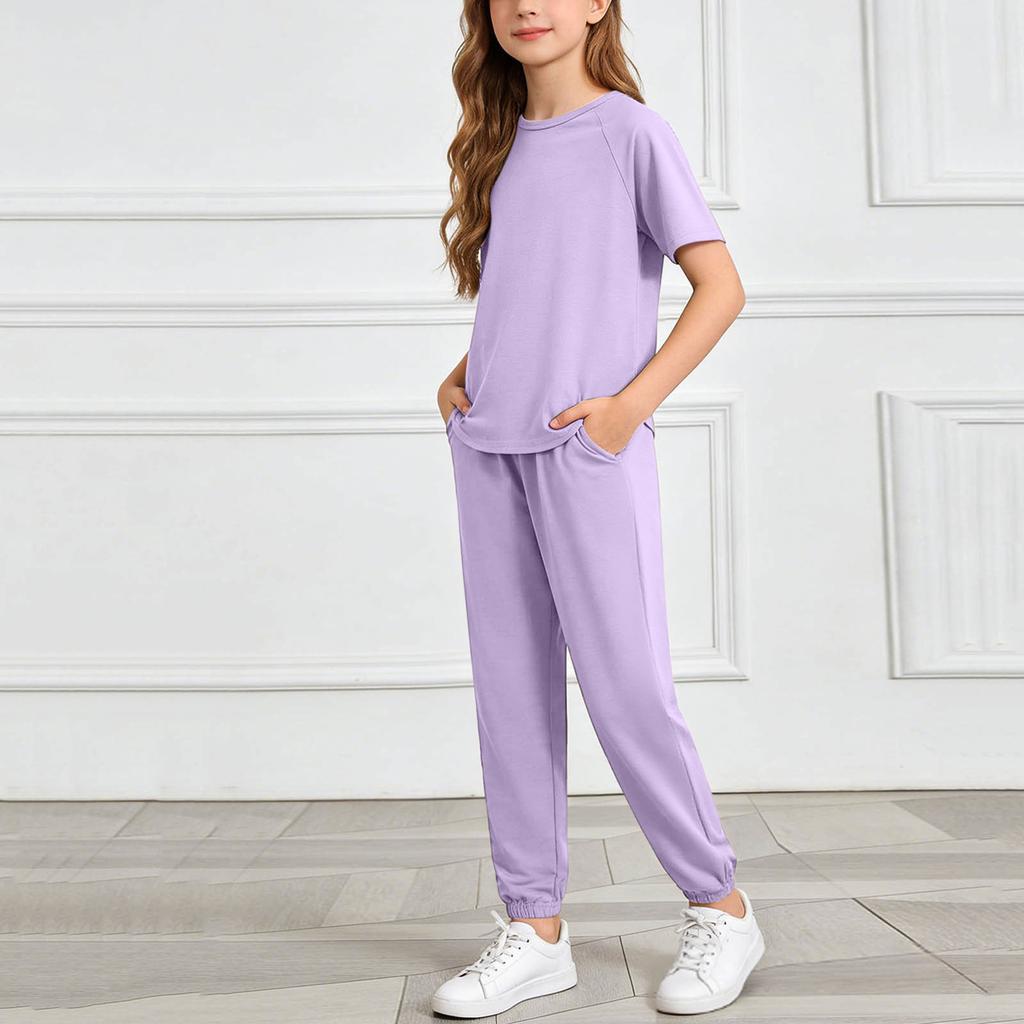 Girls Two Piece Set Short Sleeve Top and Harem Pants Lightweight Soft Fabric Casual Outfit for Spring Summer