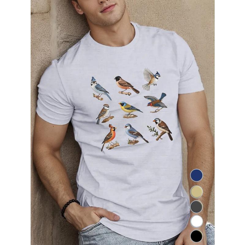 European Size Men's Vibrant Bird Pattern T-Shirt - Casual Short Sleeve, Breathable Polyester, Summer Top
