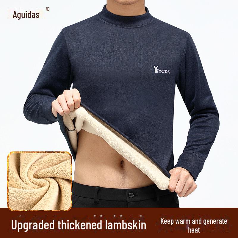 

Чоловіча зимова футболка з довгим рукавом з овчини з середнім та високим коміром для літніх людей - Потовщена, тепла підкладка з велюру XL (140-160 jin)