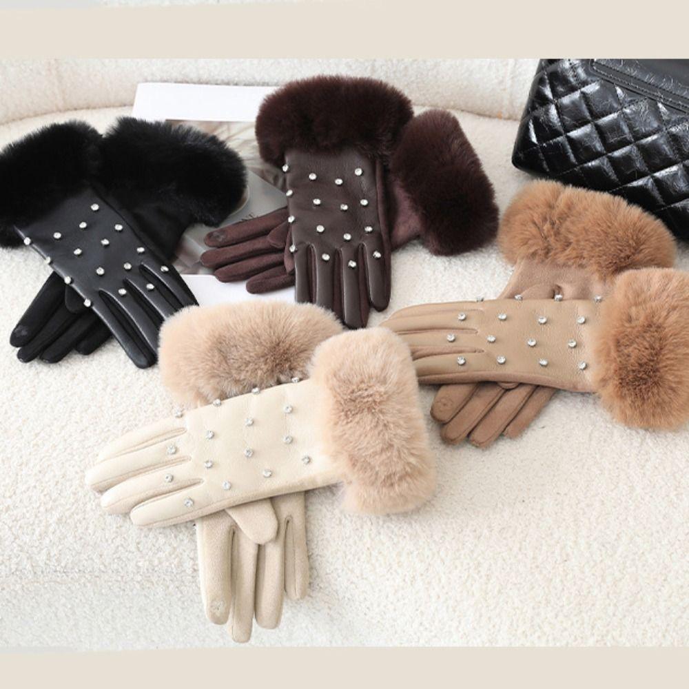Plush Rhinestone Winter Gloves Velvet Women Warm Mittens All-Match Pu Leather Gloves  Autumn