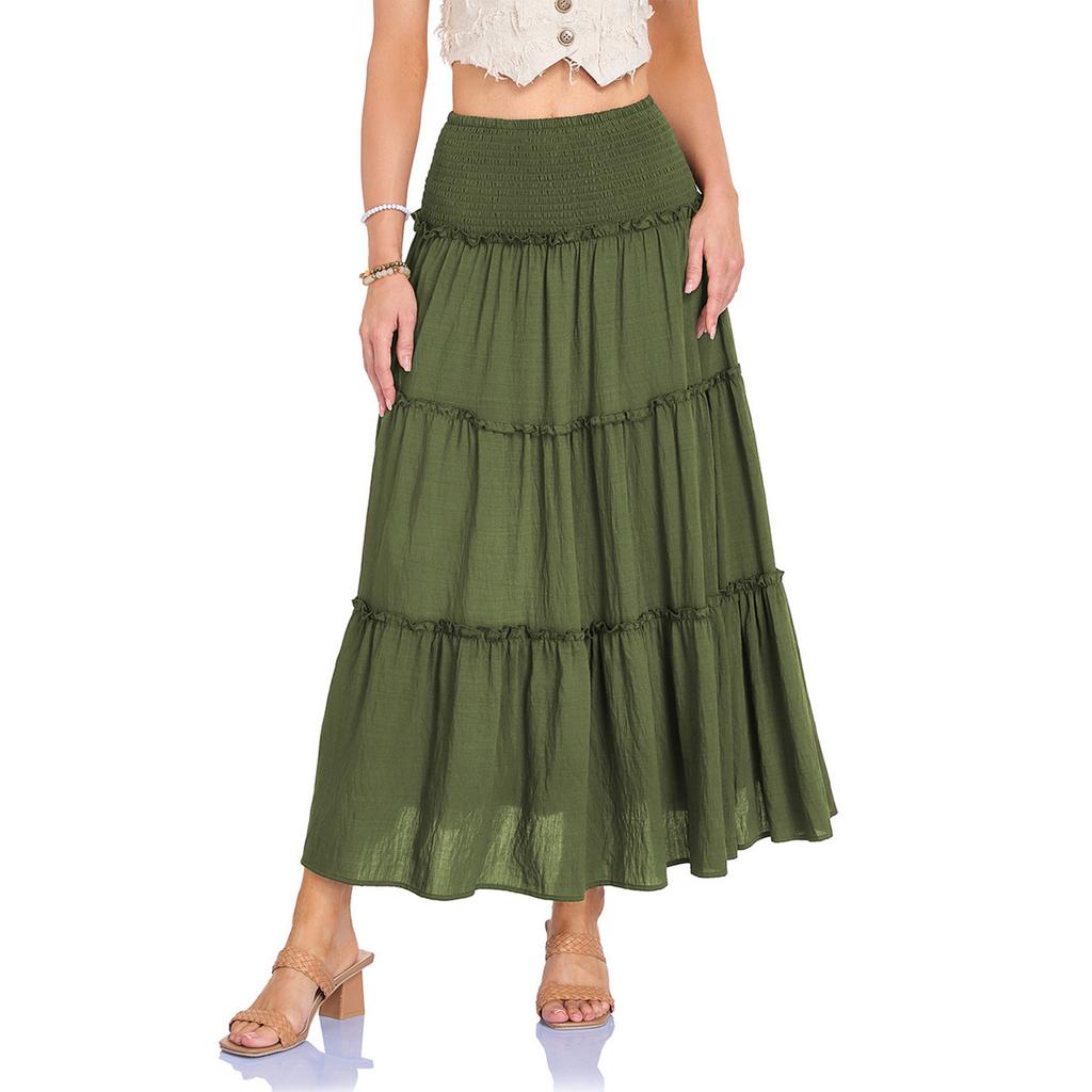 Women's Fashion  Pleated Floral Print Elastic Waist  Loose Splicing A Line Pocket Skirt