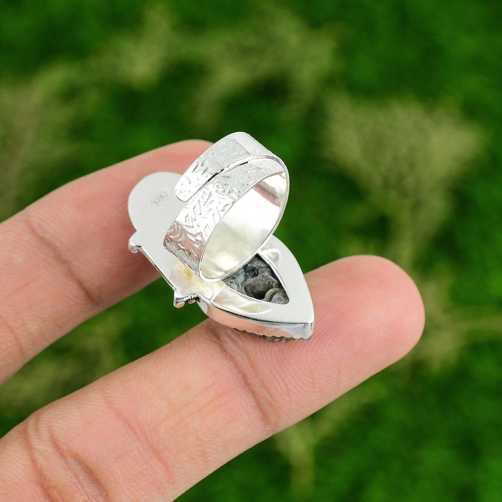 Skull And Bone Adjustable Ring 925 Silver Natural Geode Agate Druzy Rough