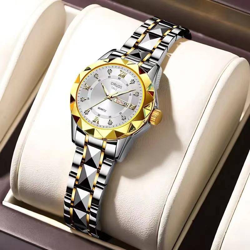 Women'S Fashion Rhombus Double Calendar Luminous Waterproof Quartz Watch Solid Belt