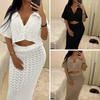 European & American Short-Sleeve Shirt and Super Long Skirt Two-Piece Set - Sexy Holiday Cover-up with Cardigan and Hollow Design