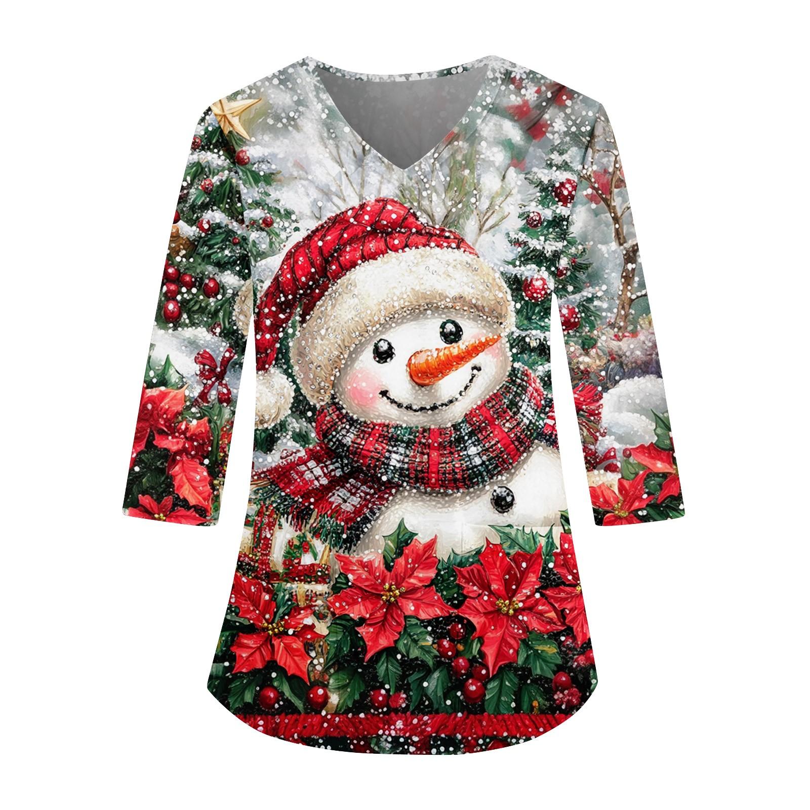 

Женский свободный рабочий топ с V-образным вырезом и карманом, рождественским принтом и рукавом три четверти XXL красный