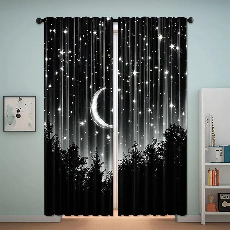2pcs -The night in the forest, the moon print curtains, pole bag curtains, home decoration, room decoration