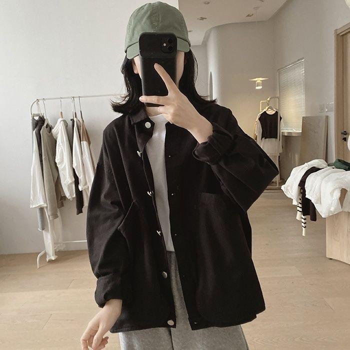 Women's Loose-Fit Retro Workwear Jacket with Large Pockets - Plus Size, Slimming, Solid Color, Spring/Autumn