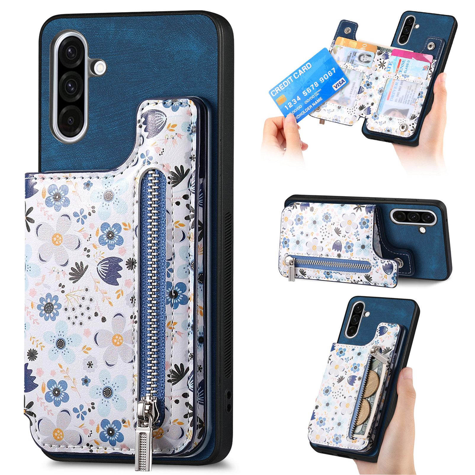 

For Samsung Galaxy A56 5G Leather Phone Cover with RFID Blocking Zipper Card Bag Kickstand Blue