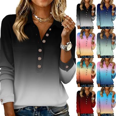 Top Pulôver Feminino Retrô Street Preguiçoso Gola V Manga Longa Botão Degradê