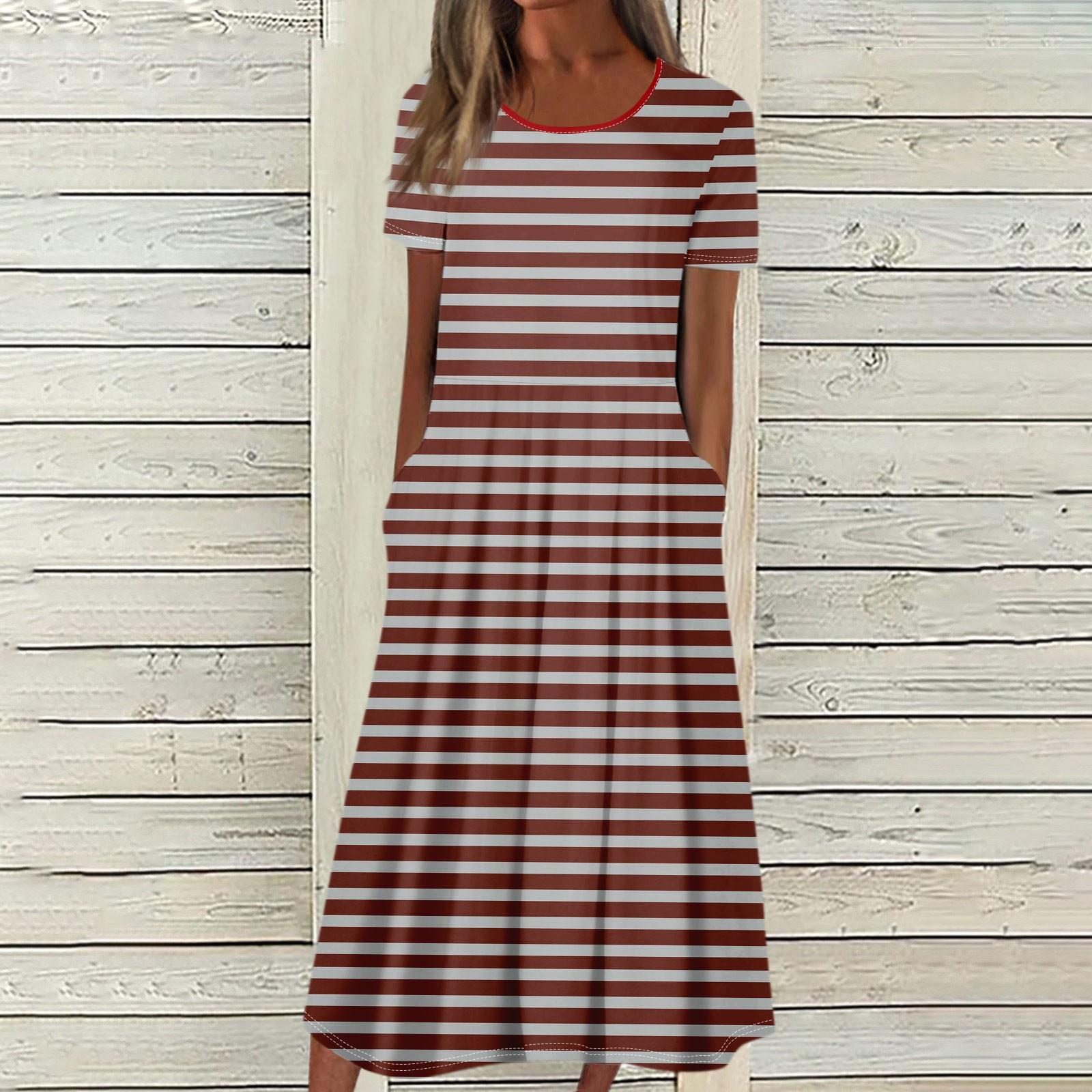 Женское летнее повседневное модное платье с коротким рукавом и карманом с круглым вырезом — фото 13