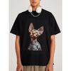 Černé tričko s tetovanou kočkou sphynx a grafickým potiskem s textem Bad Kitty pro ležérní streetwearový styl