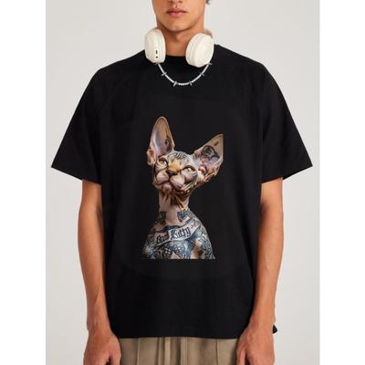 Black T Shirt With Tattooed Sphynx Cat And Bad Kitty Text Graphic Print For Casual Streetwear Style