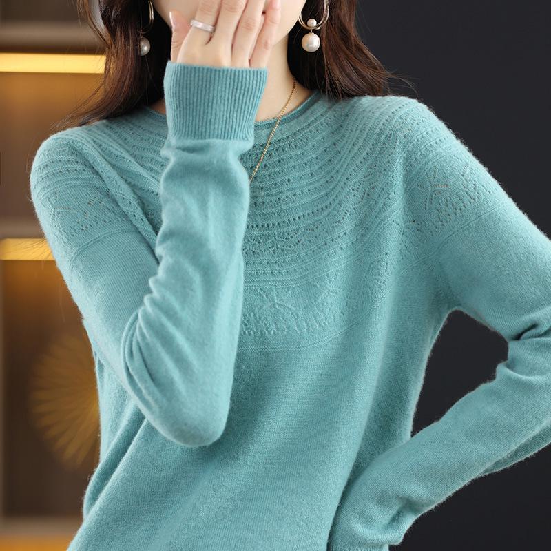 Women's Wool Sweater: Autumn & Winter Loose Knit, Half-High Collar, Hollow-Out Design, Rolled Hem.