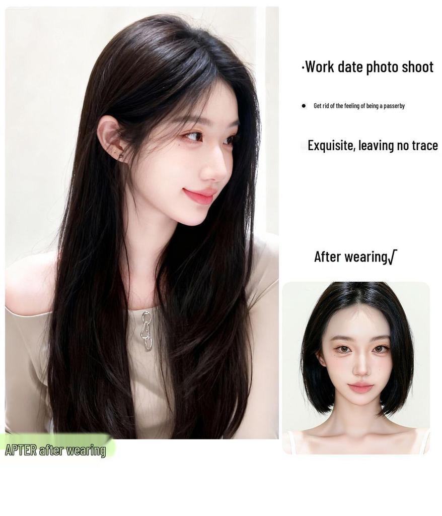 Damski czarny długi prosty dopinany włos: Zwiększa objętość włosów, kryje siwe włosy i zapewnia pełne pokrycie głowy.