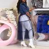 2025 Plus Size Women's Blue Denim Patchwork Mesh Cardigan Dress Skirt - European & American Style, Long & Stylish for Commuting
