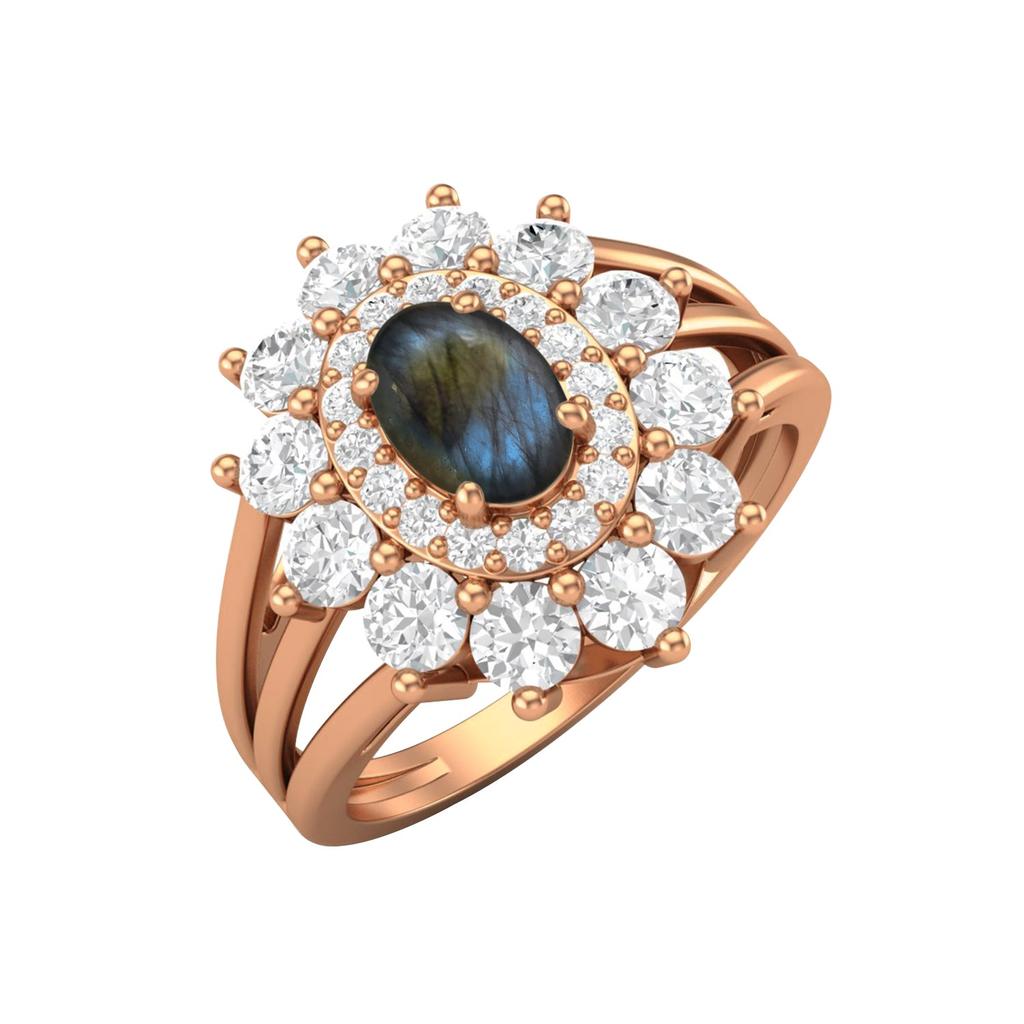 6X4MM Ovaler Labradorit Edelstein 925 Sterlingsilber Rosévergoldet Halo Geteilte Ringschiene