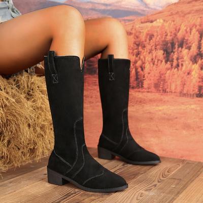 Chaussures pour femmes 2024 Grande taille Bottes montantes élégantes modernes pour femmes Bout pointu À enfiler Coutures Talon moyen Chaussures pour femmes